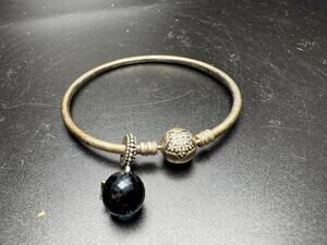 Pandora Sterling Silver Bangle Charm Bracelet With Star And Black Bead Charms